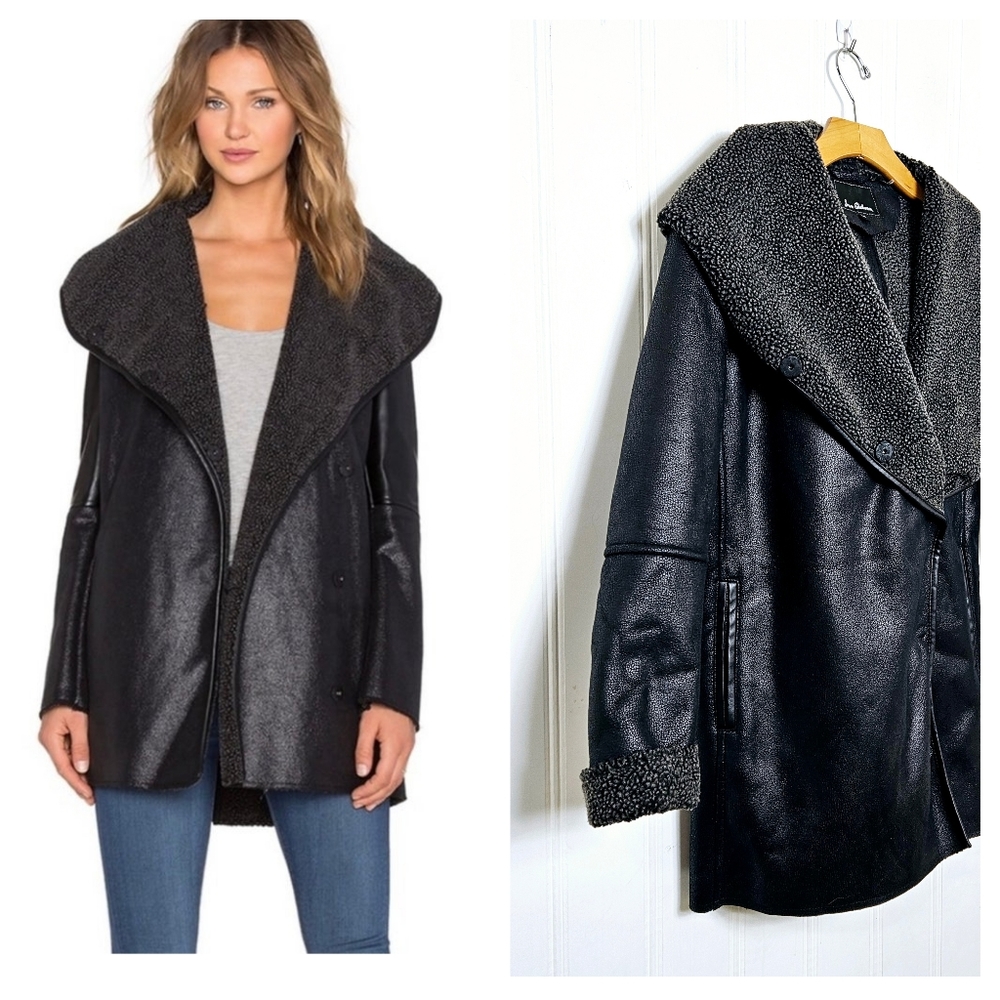Sam Edelman Coat Size M Sydney Hooded Faux Leather Shearling Winter Jacket Black